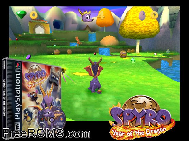 Spyro - Year Of The Dragon (v1.0) PSX game showing 3D box cover and gameplay screenshot