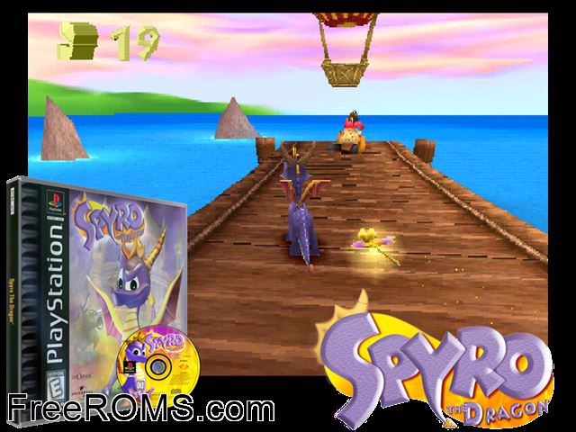 Spyro The Dragon PSX game showing 3D box cover and gameplay screenshot