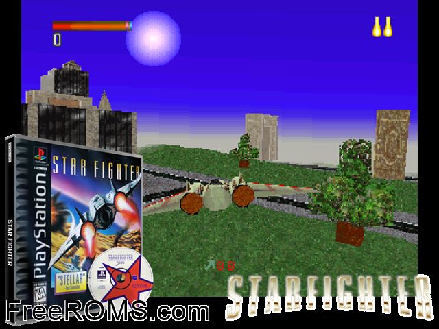 Star Fighter PSX game showing 3D box cover and gameplay screenshot