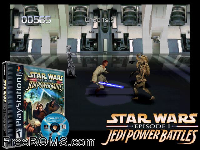 Star Wars - Episode I - Jedi Power Battles PSX game showing 3D box cover and gameplay screenshot