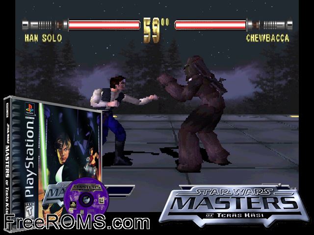 Star Wars - Masters Of Teras Kasi PSX game showing 3D box cover and gameplay screenshot