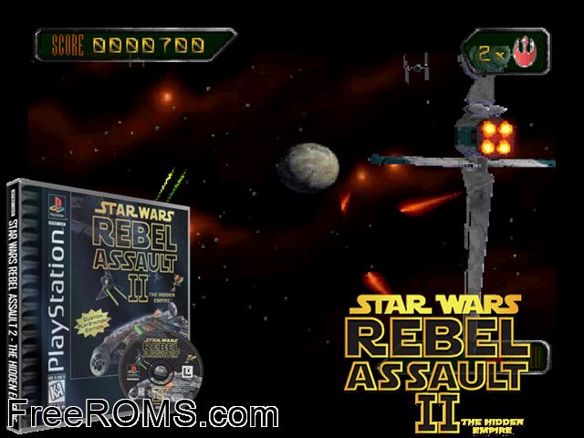 Star Wars - Rebel Assault II - The Hidden Empire (Disc 1) PSX game showing 3D box cover and gameplay screenshot