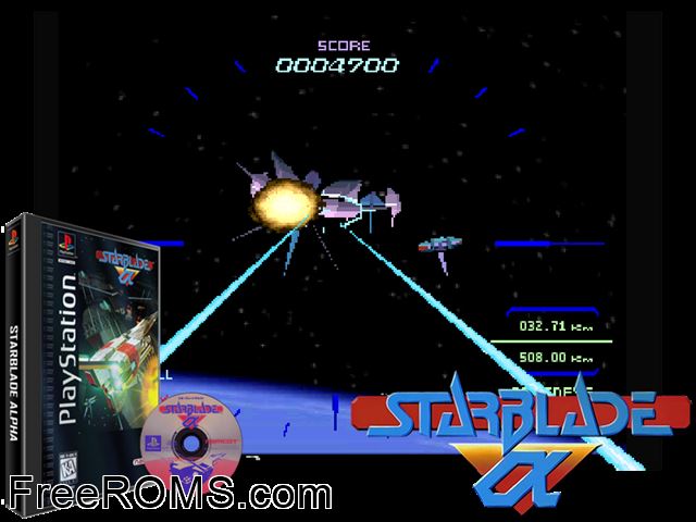 Starblade Alpha PSX game showing 3D box cover and gameplay screenshot