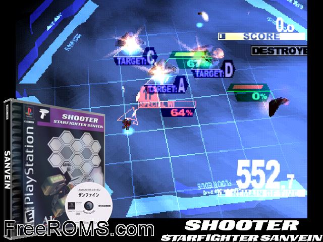 Starfighter Sanvein PSX game showing 3D box cover and gameplay screenshot