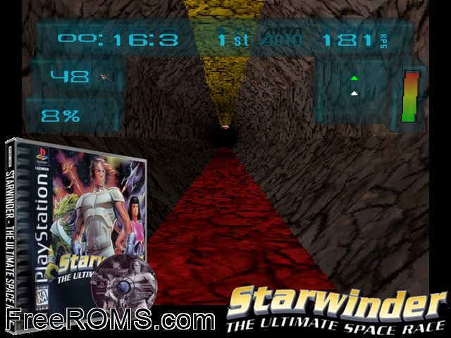 Starwinder - The Ultimate Space Race PSX game showing 3D box cover and gameplay screenshot