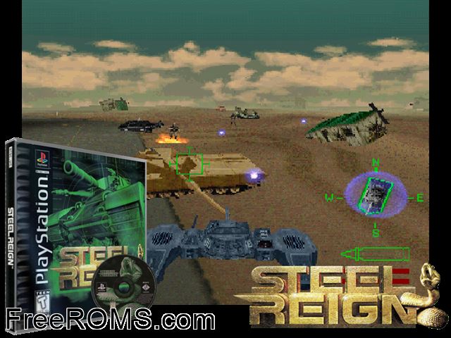 Steel Reign PSX game showing 3D box cover and gameplay screenshot