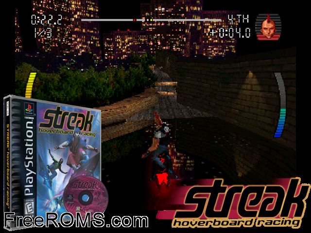 Streak - Hoverboard Racing PSX game showing 3D box cover and gameplay screenshot