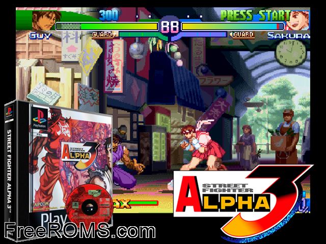 Street Fighter Alpha 3 PSX game showing 3D box cover and gameplay screenshot