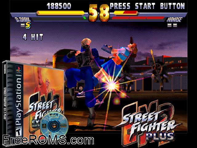 Street Fighter EX2 Plus PSX game showing 3D box cover and gameplay screenshot