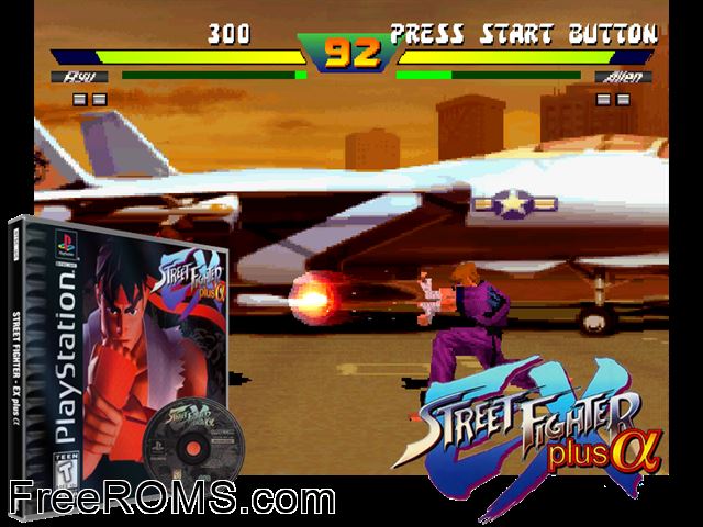 Street Fighter EX Plus Alpha PSX game showing 3D box cover and gameplay screenshot