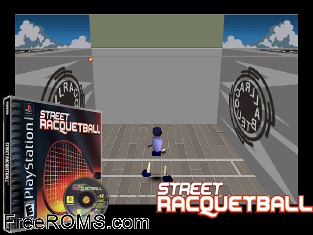 Street Racquetball PSX game showing 3D box cover and gameplay screenshot