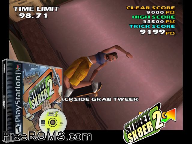 Street Sk8er 2 PSX game showing 3D box cover and gameplay screenshot