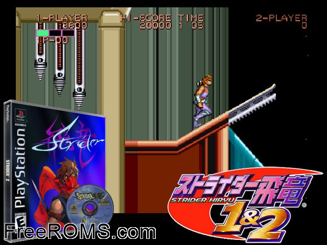 Strider PSX game showing 3D box cover and gameplay screenshot