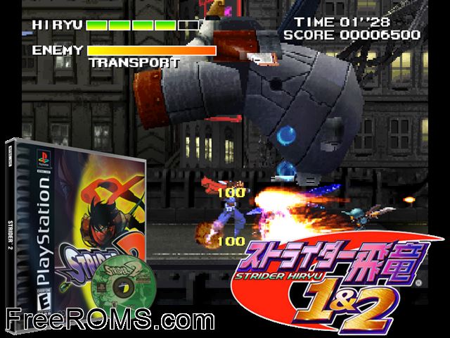 Strider 2 PSX game showing 3D box cover and gameplay screenshot