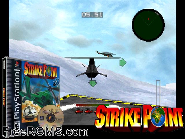 Strike Point PSX game showing 3D box cover and gameplay screenshot