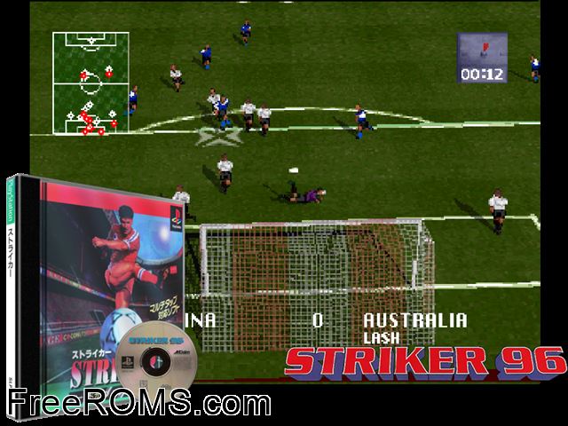Striker PSX game showing 3D box cover and gameplay screenshot