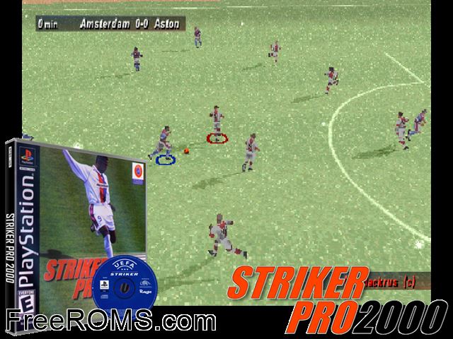 Striker Pro 2000 PSX game showing 3D box cover and gameplay screenshot