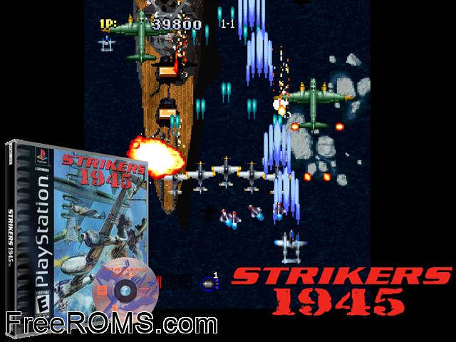 Strikers 1945 PSX game showing 3D box cover and gameplay screenshot