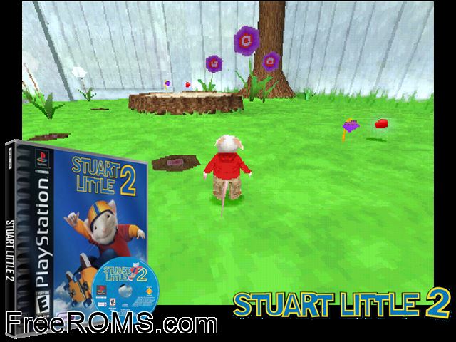 Stuart Little 2 PSX game showing 3D box cover and gameplay screenshot