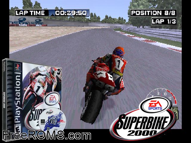 Super Bike 2000 PSX game showing 3D box cover and gameplay screenshot