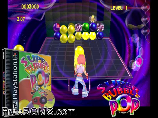 Super Bubble Pop PSX game showing 3D box cover and gameplay screenshot