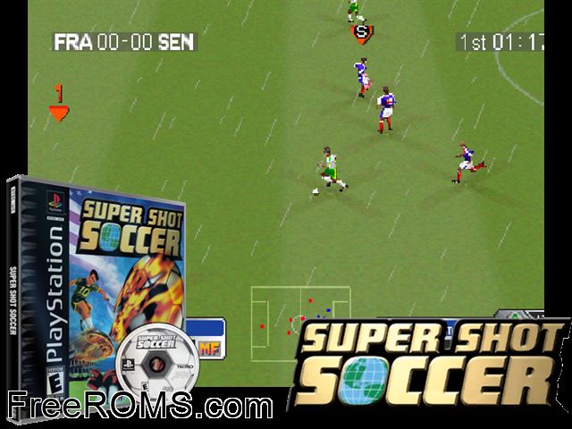 Super Shot Soccer PSX game showing 3D box cover and gameplay screenshot