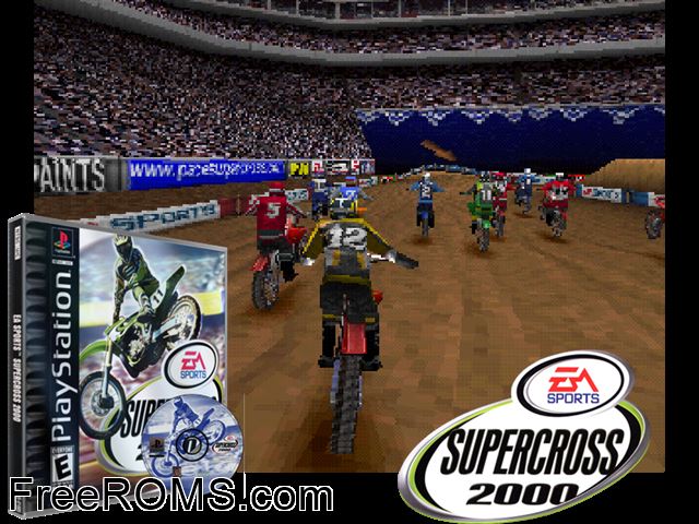 SuperCross 2000 PSX game showing 3D box cover and gameplay screenshot