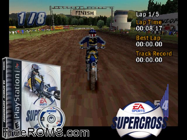 SuperCross 2001 PSX game showing 3D box cover and gameplay screenshot
