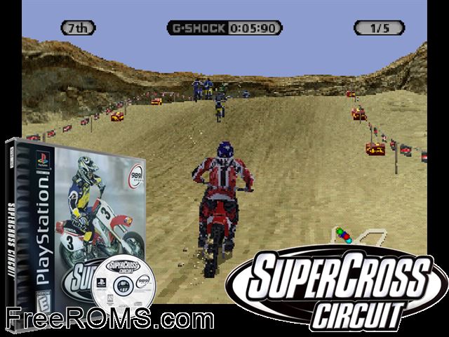 SuperCross Circuit PSX game showing 3D box cover and gameplay screenshot