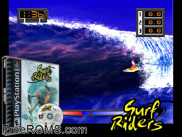 Surf Riders PSX game showing 3D box cover and gameplay screenshot