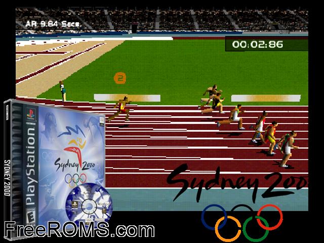 Sydney 2000 PSX game showing 3D box cover and gameplay screenshot