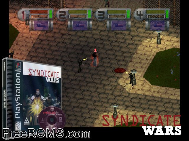 Syndicate Wars PSX game showing 3D box cover and gameplay screenshot