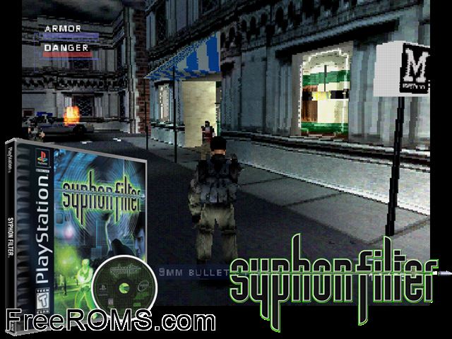 Syphon Filter (v1.0) PSX game showing 3D box cover and gameplay screenshot
