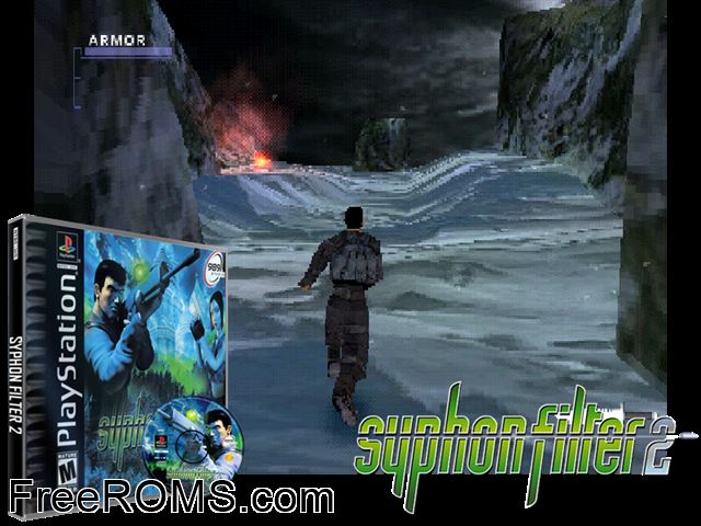 Syphon Filter 2 (Disc 1) PSX game showing 3D box cover and gameplay screenshot