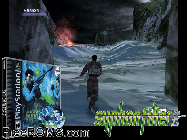 Syphon Filter 2 (Disc 2) PSX game showing 3D box cover and gameplay screenshot
