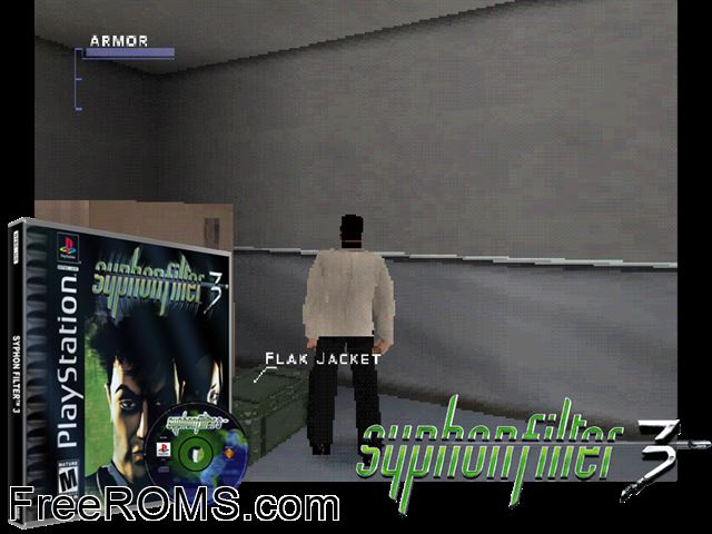 Syphon Filter 3 PSX game showing 3D box cover and gameplay screenshot