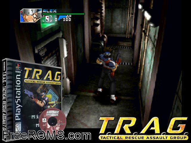 T.R.A.G. - Tactical Rescue Assault Group PSX game showing 3D box cover and gameplay screenshot