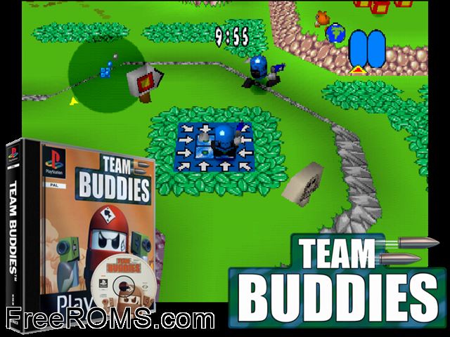 Team Buddies PSX game showing 3D box cover and gameplay screenshot