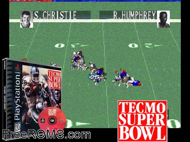 Tecmo Super Bowl PSX game showing 3D box cover and gameplay screenshot