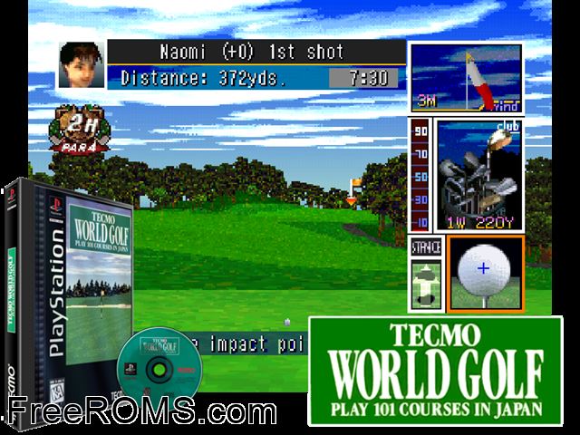 Tecmo World Golf - Japan PSX game showing 3D box cover and gameplay screenshot