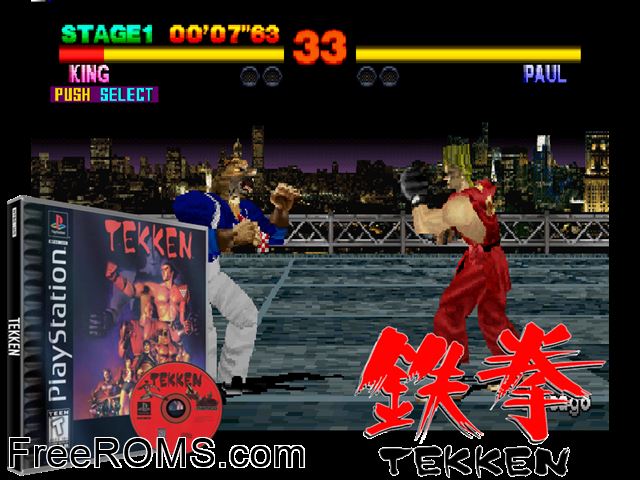 Tekken PSX game showing 3D box cover and gameplay screenshot