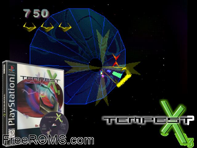 Tempest X3 PSX game showing 3D box cover and gameplay screenshot