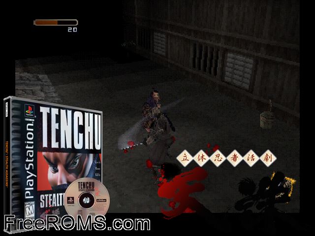 Tenchu - Stealth Assassins PSX game showing 3D box cover and gameplay screenshot