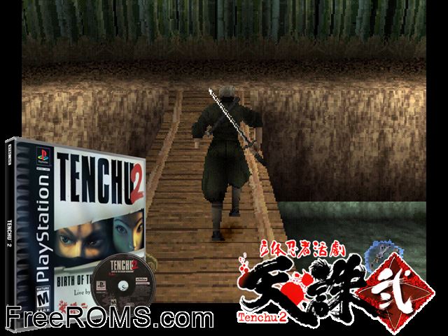 Tenchu 2 - Birth Of The Stealth Assassins PSX game showing 3D box cover and gameplay screenshot