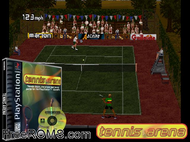 Tennis Arena PSX game showing 3D box cover and gameplay screenshot