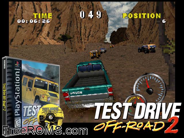 Test Drive - Off-Road 2 PSX game showing 3D box cover and gameplay screenshot