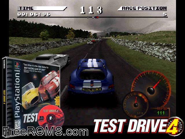 Test Drive 4 PSX game showing 3D box cover and gameplay screenshot