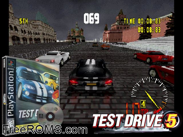 Test Drive 5 PSX game showing 3D box cover and gameplay screenshot