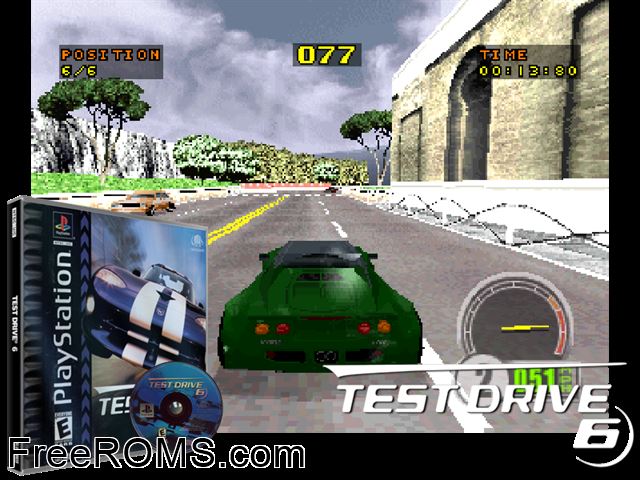 Test Drive 6 PSX game showing 3D box cover and gameplay screenshot