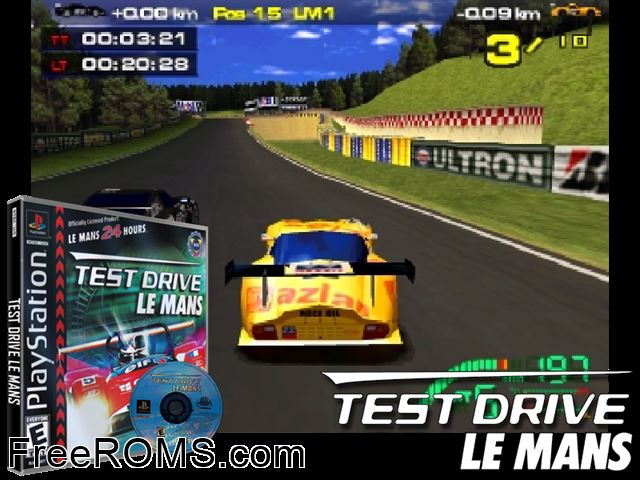 Test Drive Le Mans PSX game showing 3D box cover and gameplay screenshot